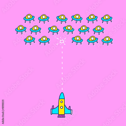 Space ship invaders shooting game. Vector cartoon style illustration.