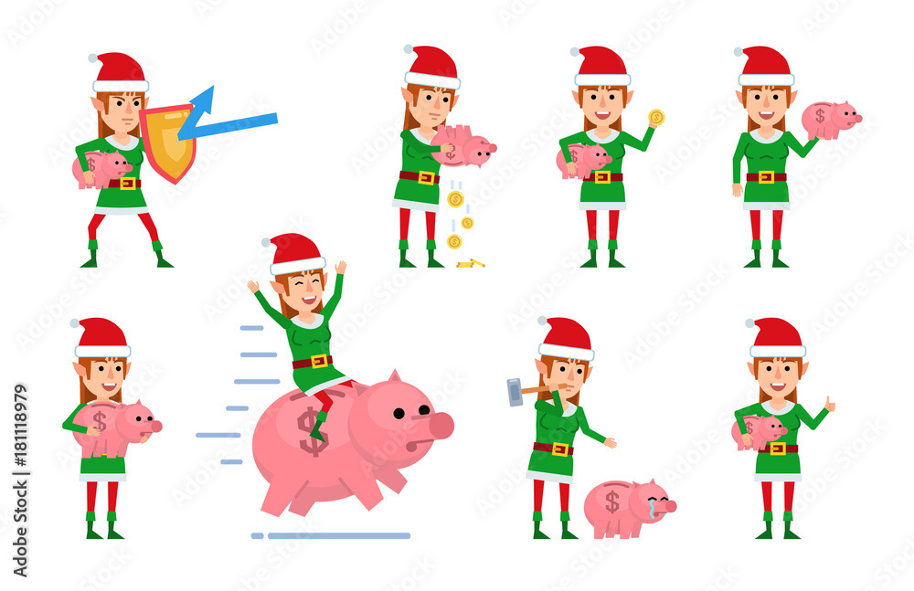 Set of female Christmas elf characters posing with piggy bank in various situations. Cheerful elf girl saving money, riding piggy bank and showing other actions. Flat style vector illustration