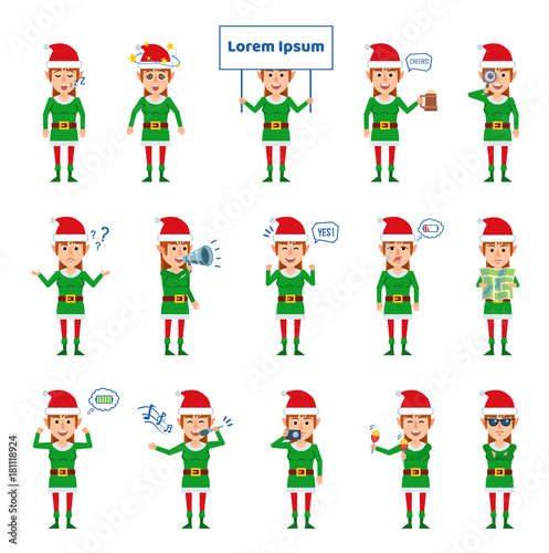 Set of female Christmas elf characters showing different actions. Cheerful elf girl sleeping, dazed, singing, dancing and showing other actions. Flat style vector illustration