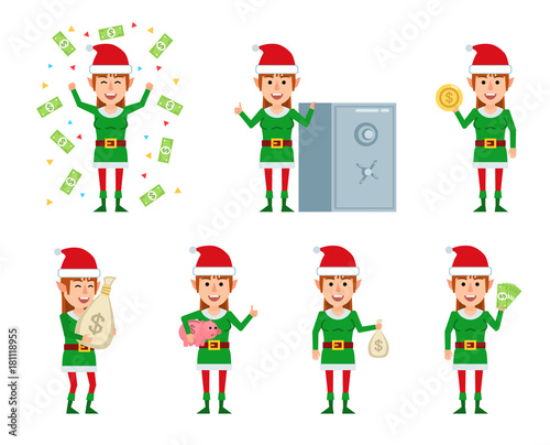 Set of female Christmas elf characters posing with money in different situations. Cheerful elf girl holding money bag, piggy bank, coin and showing other actions. Flat style vector illustration