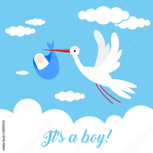 It's a boy! Stork bird animal character flying through the sky holding a newborn baby. Classic myth of stork bird delivering a new born baby