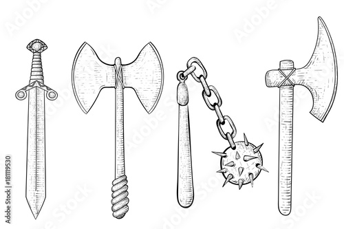 Old set of weapons. Hand drawn sketch