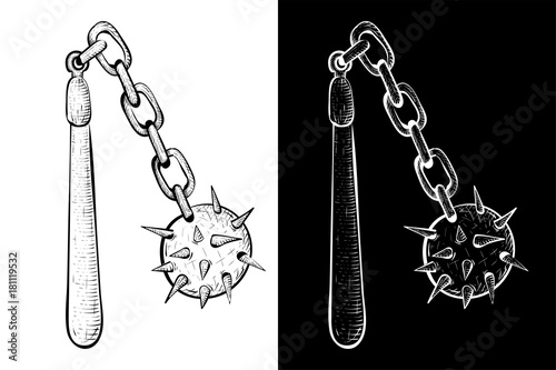 Flail. Medieval weapon - spiked metal ball with chain and wooden handle. Hand drawn sketch
