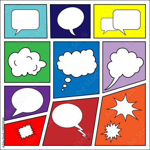 balloons and vignettes set for comic editable on colorful background