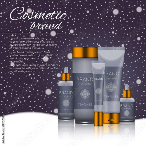 Vector 3D cosmetic illustration on a winter snowing background. Beauty realistic cosmetic product design template.