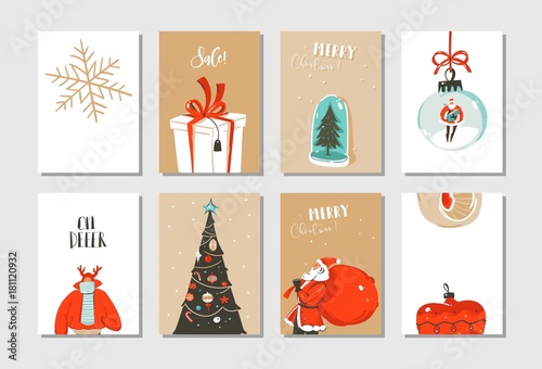 Hand drawn vector abstract fun Merry Christmas time cartoon cards collection set with cute illustrations,surprise gift boxes ,Christmas tree and modern calligraphy isolated on white background