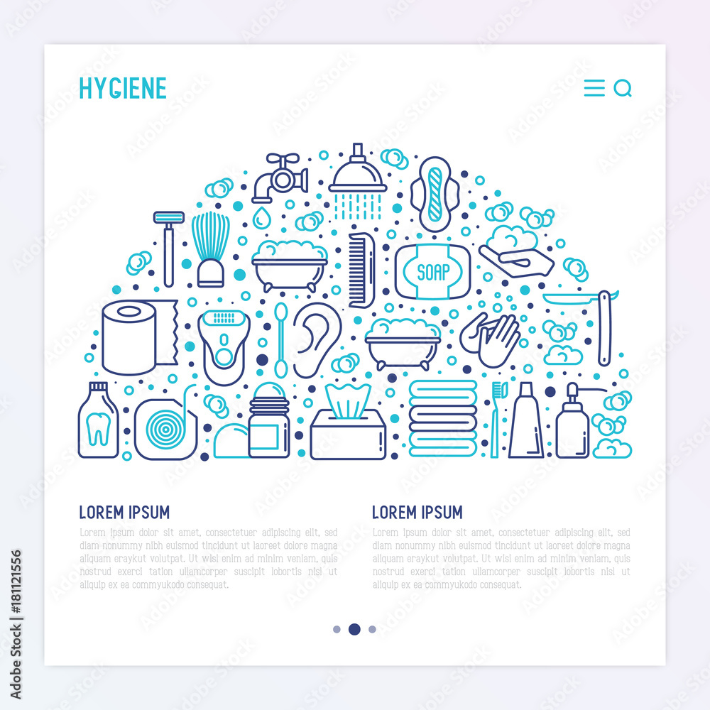 Hygiene concept in half circle with thin line icons: hand soap, shower, bathtub, toothpaste, razor, shaving brush, sanitary napkin, comb, ball deodorant, mouth rinse. Vector illustration.