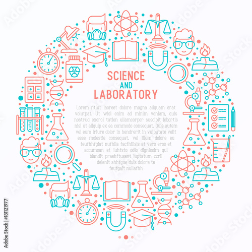 Wallpaper Mural Science and laboratory concept in circle with thin line icons of scientist, dna, microscope, scales, magnet, respirator, spirit lamp. Vector illustration for banner, web page, print media. Torontodigital.ca