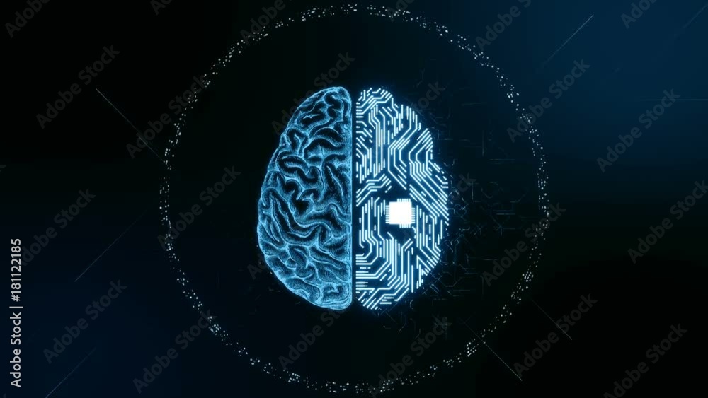 Artificial intelligence (AI) brain animation, data mining, deep learning modern computer technologies concepts. Brain representing artificial intelligence with printed circuit board (PCB) design.