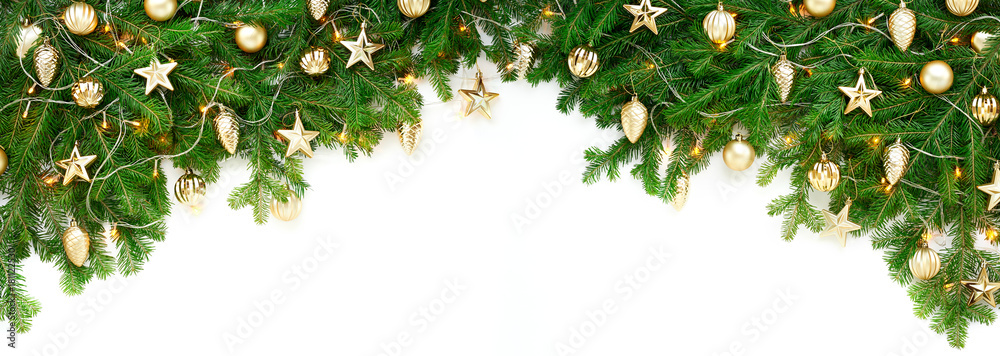 Wide arch shaped Christmas border isolated on white, Top view of fresh fir branches and gold ornaments with stars, balls and cones