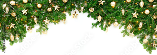 Wide arch shaped Christmas border isolated on white, Top view of fresh fir branches and gold ornaments with stars, balls and cones