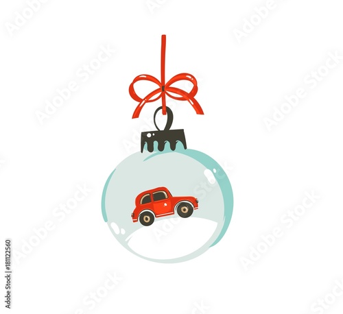 Hand drawn vector Merry Christmas time cartoon graphic illustration design element with glass snow globe ball with red car isolated on white background