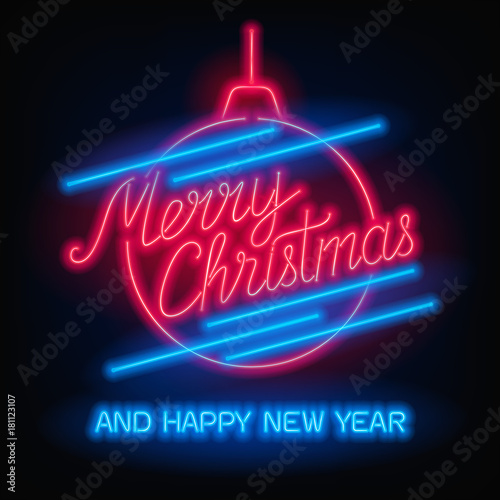 Merry Christmas and Happy New Year text. Vector glowing neon sign. Xmas card.