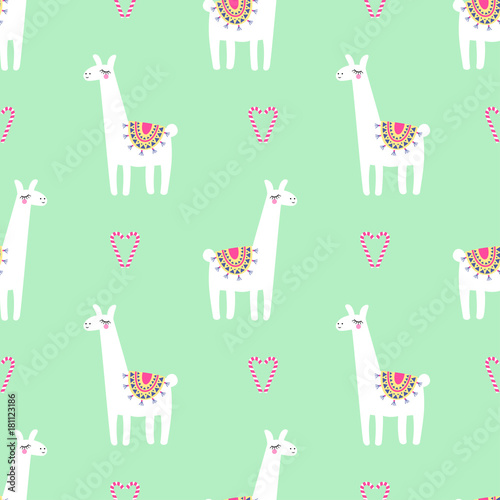 Cute llama with candy cane heart seamless pattern on mint green background. Vector baby animal illustration for xmas. Child drawing style lama. Christmas design for fabric, wallpaper, textile, decor.