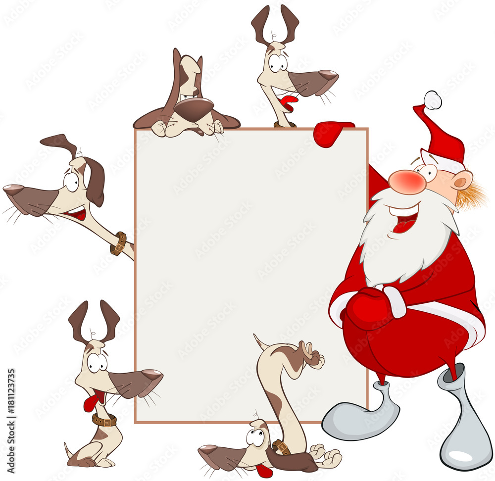 Fototapeta premium Illustration of Cute Santa Claus Holding Blank Board and Dogs. Cartoon Character