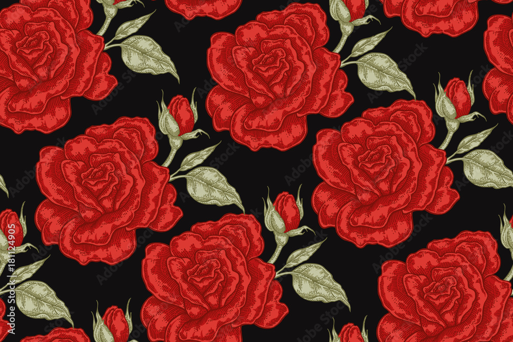 Seamless pattern with red rose flowers on black background. Vector ...