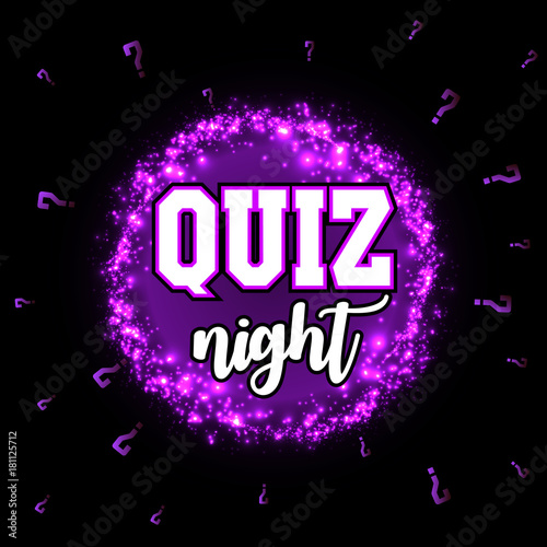 Quiz night announcement poster design web banner background vector illustration. Pub quiz held in a pub or bar, night club. Modern pub team game. Questions game shining retro light banner