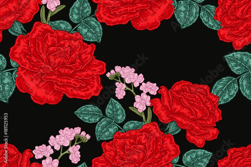 Seamless pattern with red rose flowers on black background. Vector illustration for fabrics, gift packaging, textiles and card design