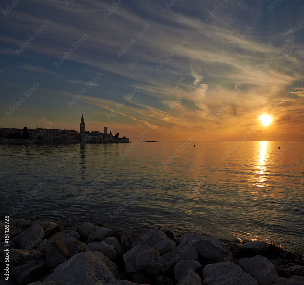Coastal town of Rovinj, Istria, Croatia in sunset. Rovin beauty antiq city
