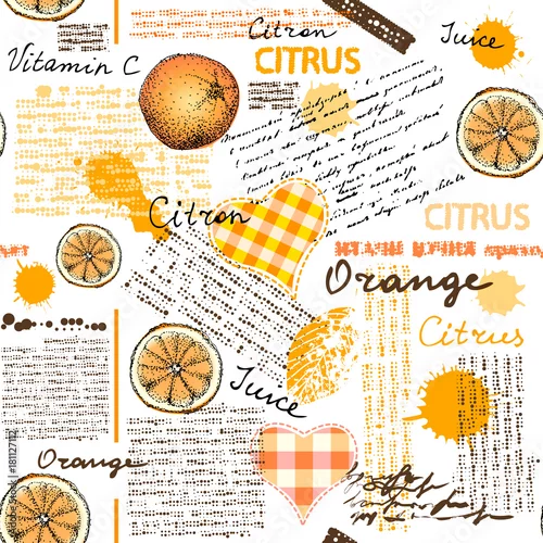 Tapety Jednolite tło wzór. Imitacja gazety półtonowej z cytrusami i pomarańczami.