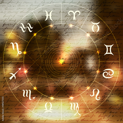 Magic circle with zodiacs sign on smooth blurred background.
