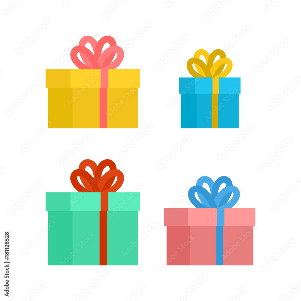 Fototapeta premium Gift box with bow set. Christmas and birthday present. Vector illustration