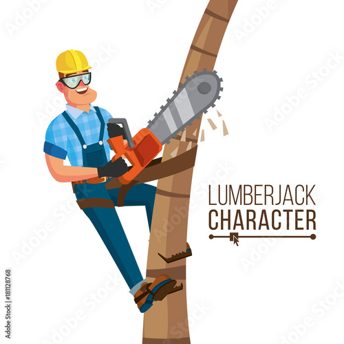 Lumberjack Vector. Classic Worker With Hand Chainsaw Tool. Deforestation Concept. Isolated Cartoon Flat Character Illustration