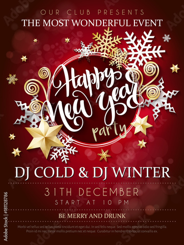 Vector illustration of new year party poster with hand lettering label - happy new year - with stars, sparkles, snowflakes and swirls