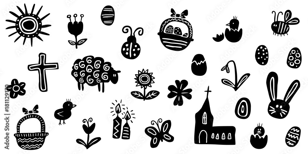 Obraz premium Ostersymbole-Set / handgezeichnet, schwarz-weiß, Vektor, freigestellt