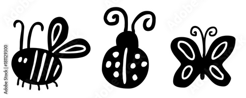 Illustrations-Set Insekten: Biene, Marienkäfer, Schmetterling / schwarz-weiß, Vektor, handgezeichnet