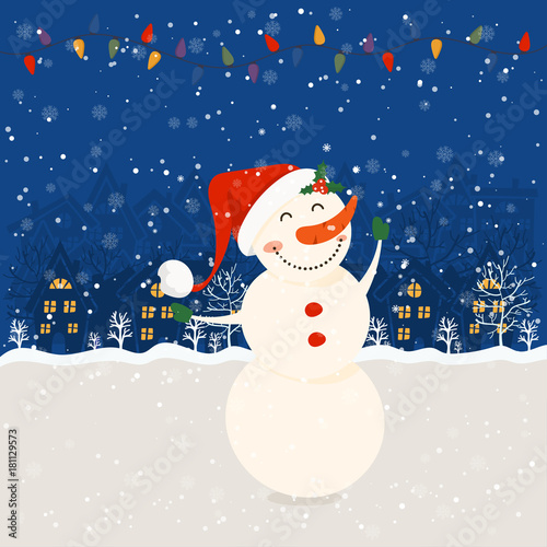 Cartoon illustration for holiday theme with snowman on winter background. Greeting card for Merry Christmas and Happy New Year. Vector illustration