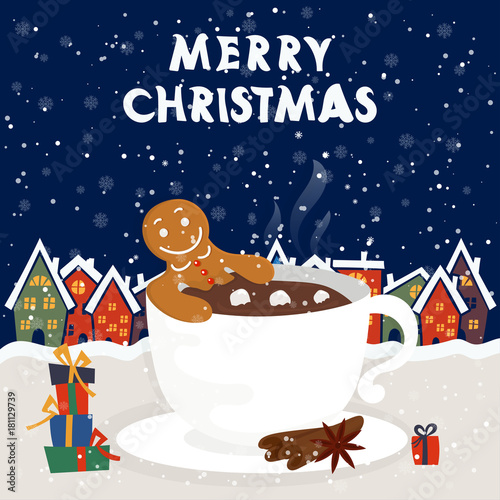 Wallpaper Mural Funny cartoon illustration with gingerbread man in cup of hot chocolate. For holiday theme  on winter background. Greeting card for Merry Christmas and Happy New Year. Vector illustration Torontodigital.ca