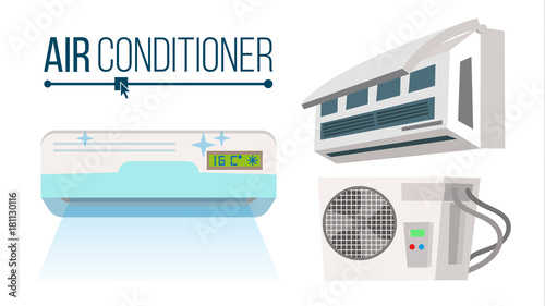 Air Conditioner Set Vector. Different Types Office, Home Conditioner System. Indoors, Outdoors Cartoon Flat Isolated Illustration