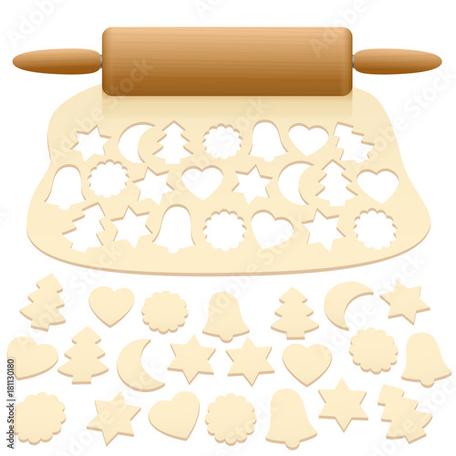 Cut out christmas cookies from raw pastry dough - isolated vector illustration on white background.