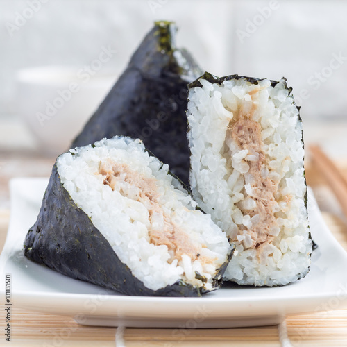 Korean triangle kimbap Samgak made with nori, rice and tuna fish, similar to Japanese rice ball onigiri, square format