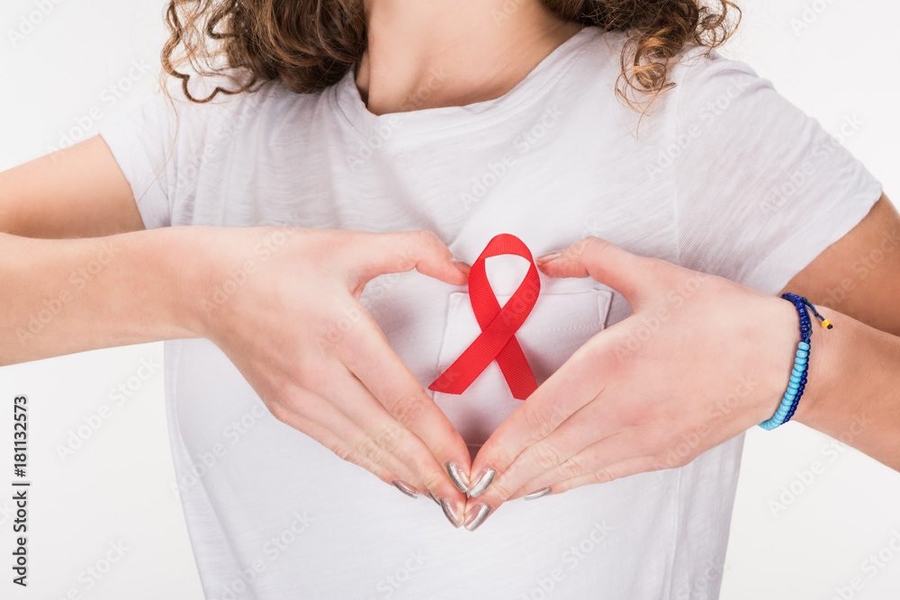 woman with red aids ribbon woman with red aids ribbon