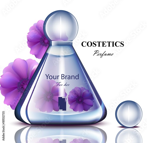 Women perfume bottle with delicate flowers fragrance. Realistic Vector Product packaging designs