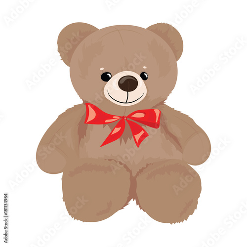Cartoon teddy bear with a red bow. Plush toy bear for children. Colorful vector illustration for kids.
