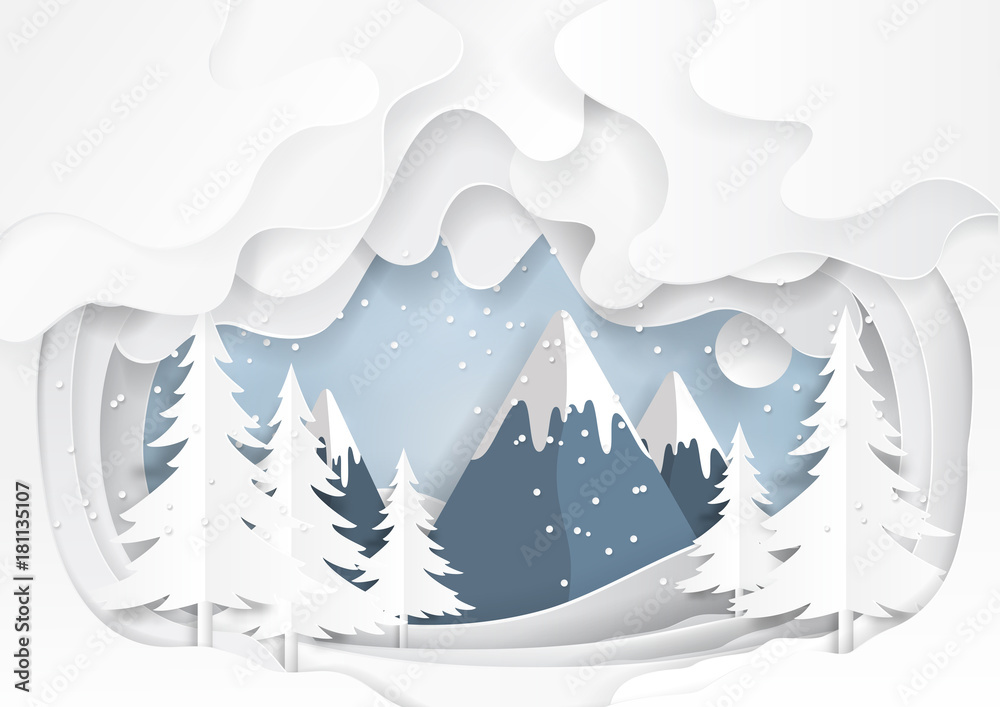 Mountains and nature landscape on snow winter background.For merry christmas and happy new year paper art style.Vector illustration.