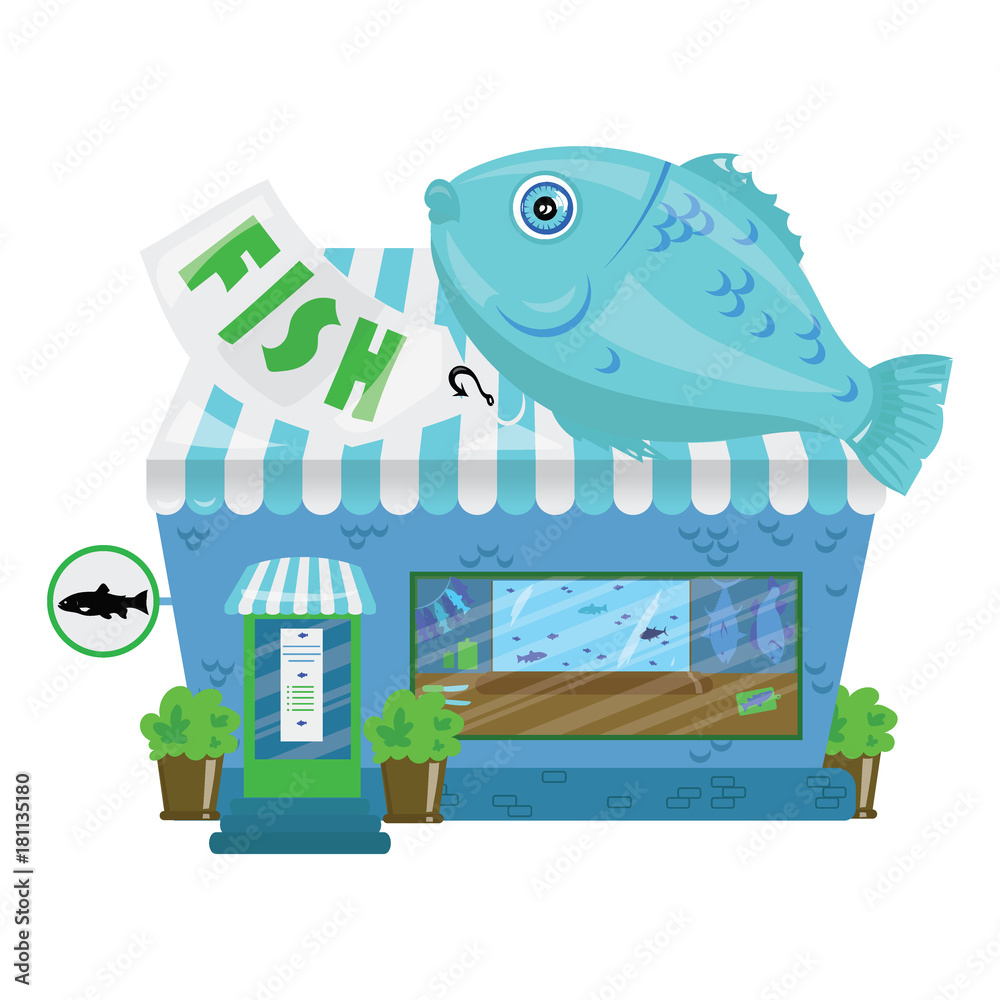 Cartoon seafood shop. A small cute fish market. Business illustration.  Stock Vector | Adobe Stock