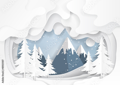 Mountains and nature landscape on snow winter background.For merry christmas and happy new year paper art style.Vector illustration.