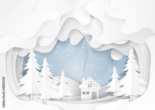 White house on snow winter background.For merry christmas and happy new year paper art style.Vector illustration.