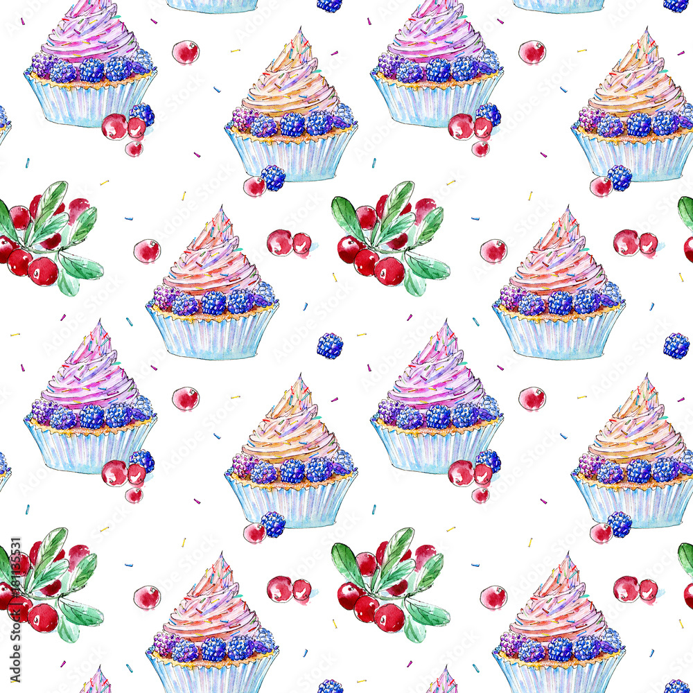 Seamless pattern of a blackberry cupcake and cranberry.Picture of a dessert.Watercolor hand drawn illustration.White background. Seamless pattern of a blackberry cupcake and cranberry.Picture of a dessert.Watercolor hand drawn illustration.White background.