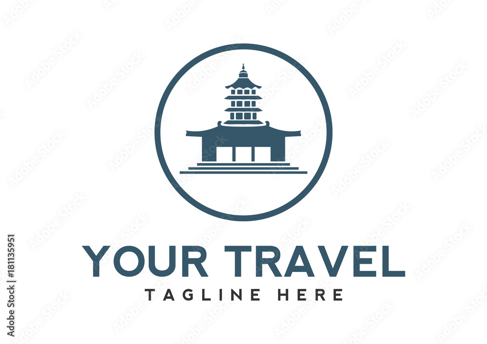 Asian Travel on Temple Building Illustration Logo Design