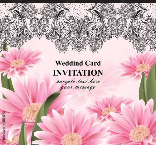 Lace and daisy flowers card Vector. Vintage invitation with realistic floral ...