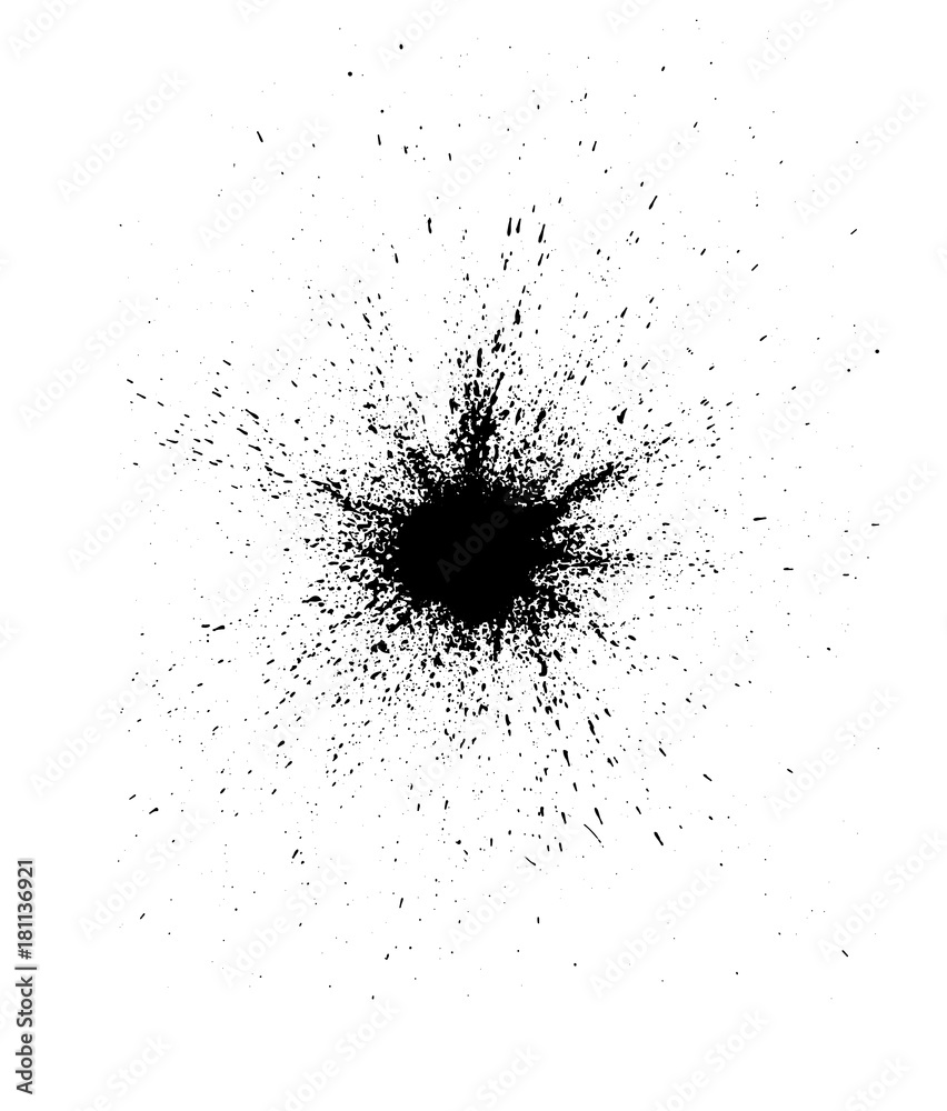 Black paint, ink splash, brushes ink droplets, blots. Black ink splatter  background, isolated on white. Stock Vector