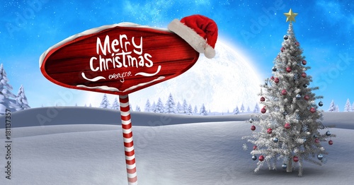 Merry Christmas text on Wooden signpost in Christmas Winter