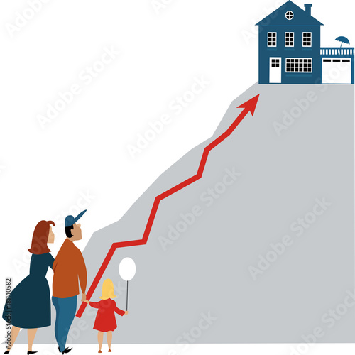 Young family looking at a dream home at the top of a steep hill, raising graph connects them, as a metaphor for housing market or price, EPS 8 vector illustration