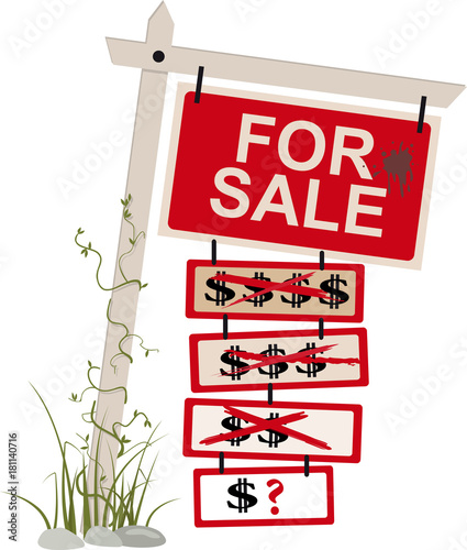 "For sale" sign with multiple tags showing a reduced price, EPS 8 vector illustration, isolated