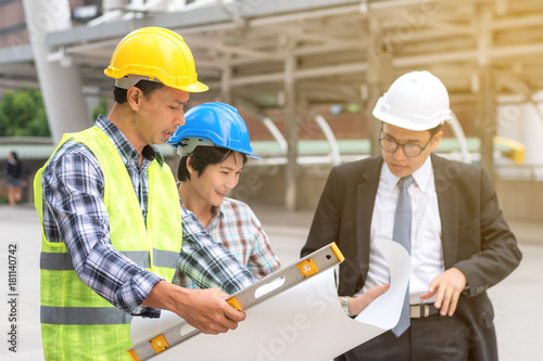 engineering construction concept : professional engineer team meeting foreman group plan manufacturing industry
